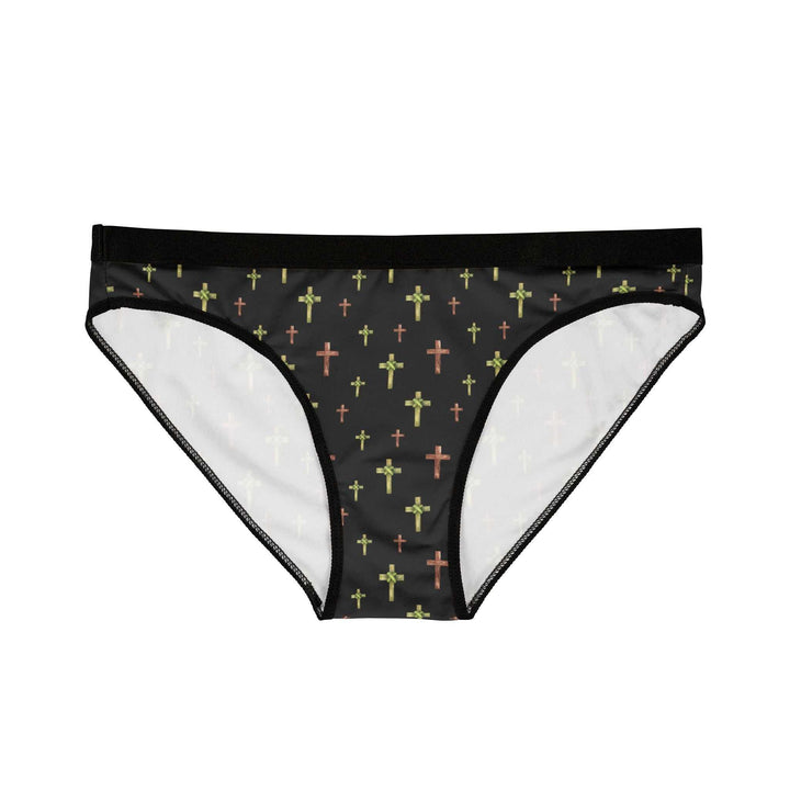 Black briefs with colorful cross print and plush elastic waistband