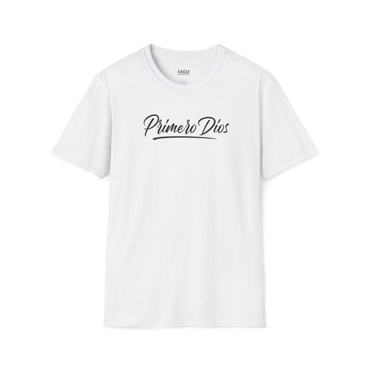 White Primero Dios T-shirt with black scripted faith message made of 100% cotton