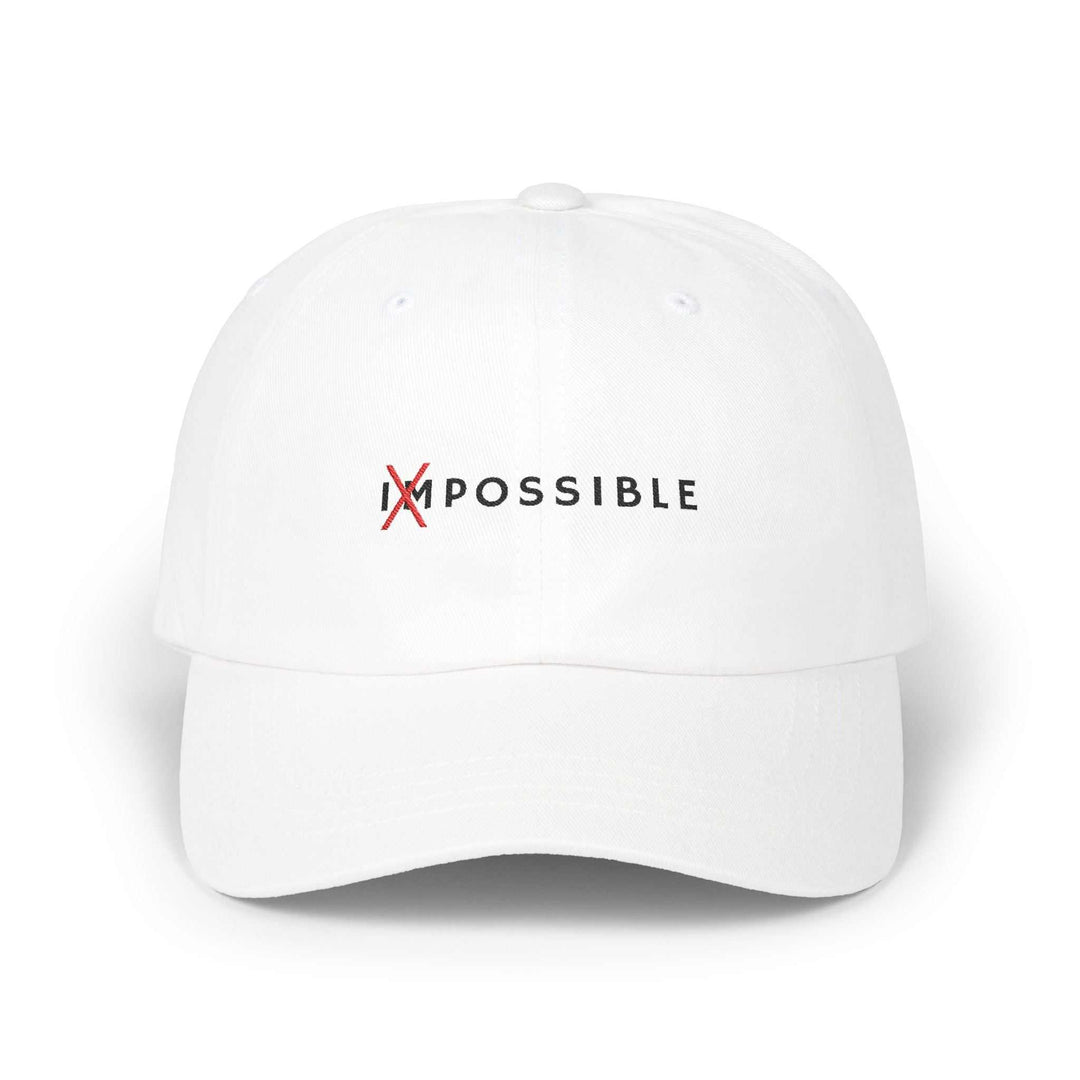 White "Nothing is Impossible" motivational cap with adjustable strap and embroidered text design