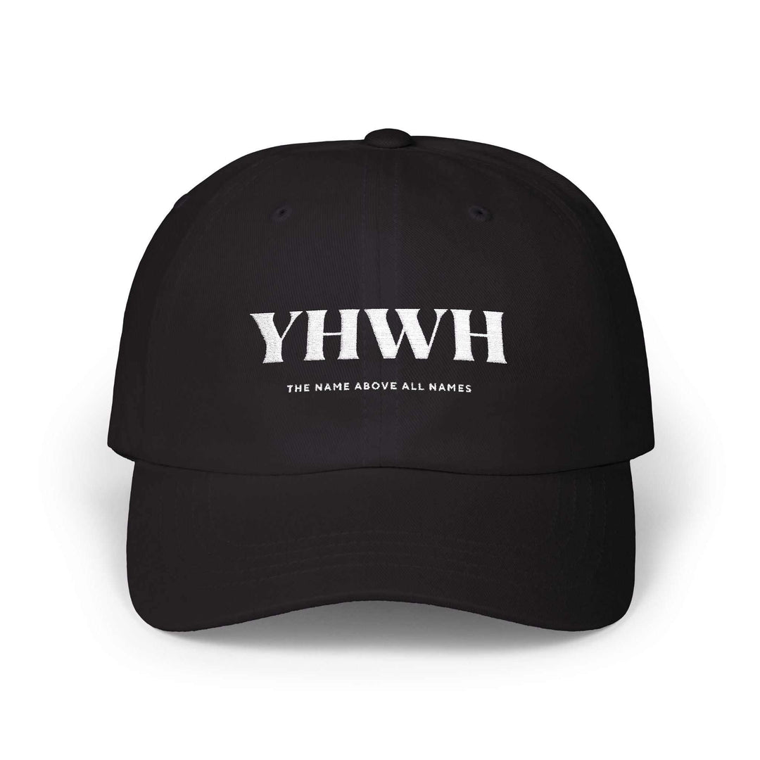 Black YHWH cap with white lettering, featuring antique brass buckle and grommet strap.