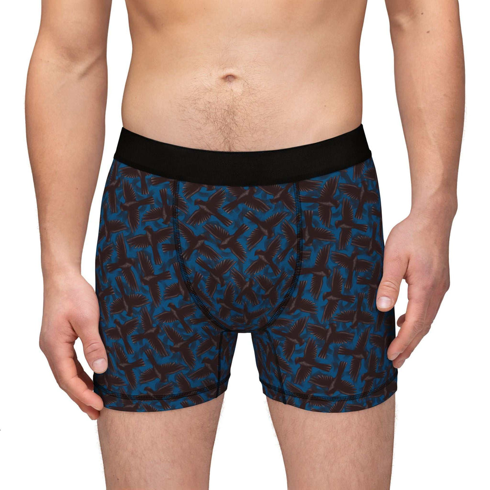 Men's Soaring Eagle boxers with blue and black eagle pattern, stretchy and breathable fabric, black waistband, regular fit.