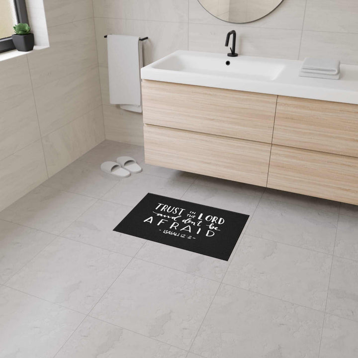 Bible Verse Floor Mat with Isaiah 41:2 quote, black non-slip polyester bathroom mat