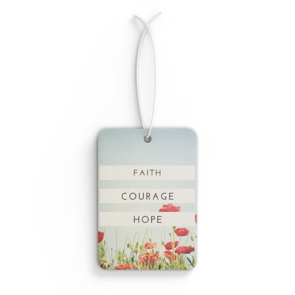 Faith Courage Hope car air freshener with floral design and hanging string