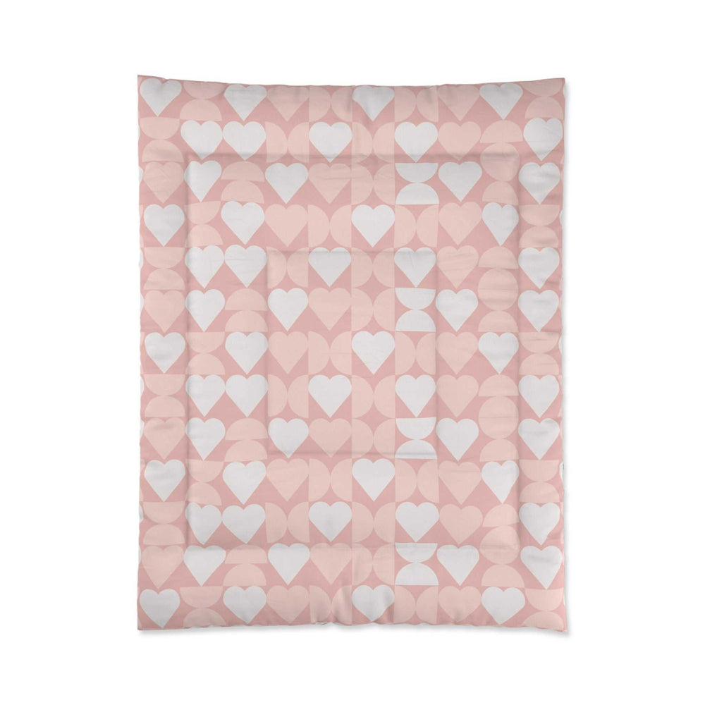 Pink Love Comforter with white heart pattern, lightweight and cozy polyester blanket for warm sleep