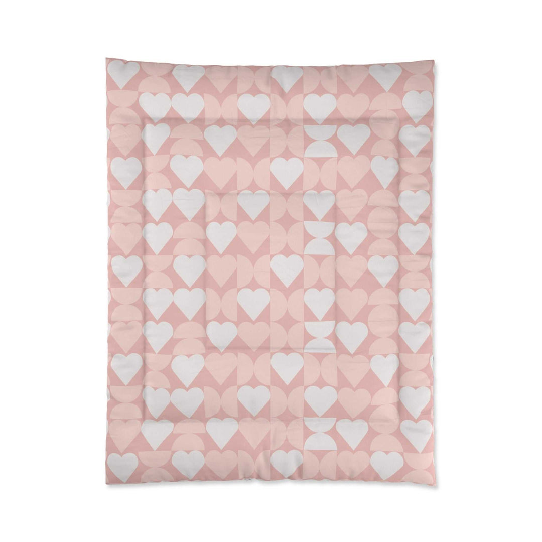 Pink Love Comforter with white heart pattern, lightweight and cozy polyester blanket for warm sleep