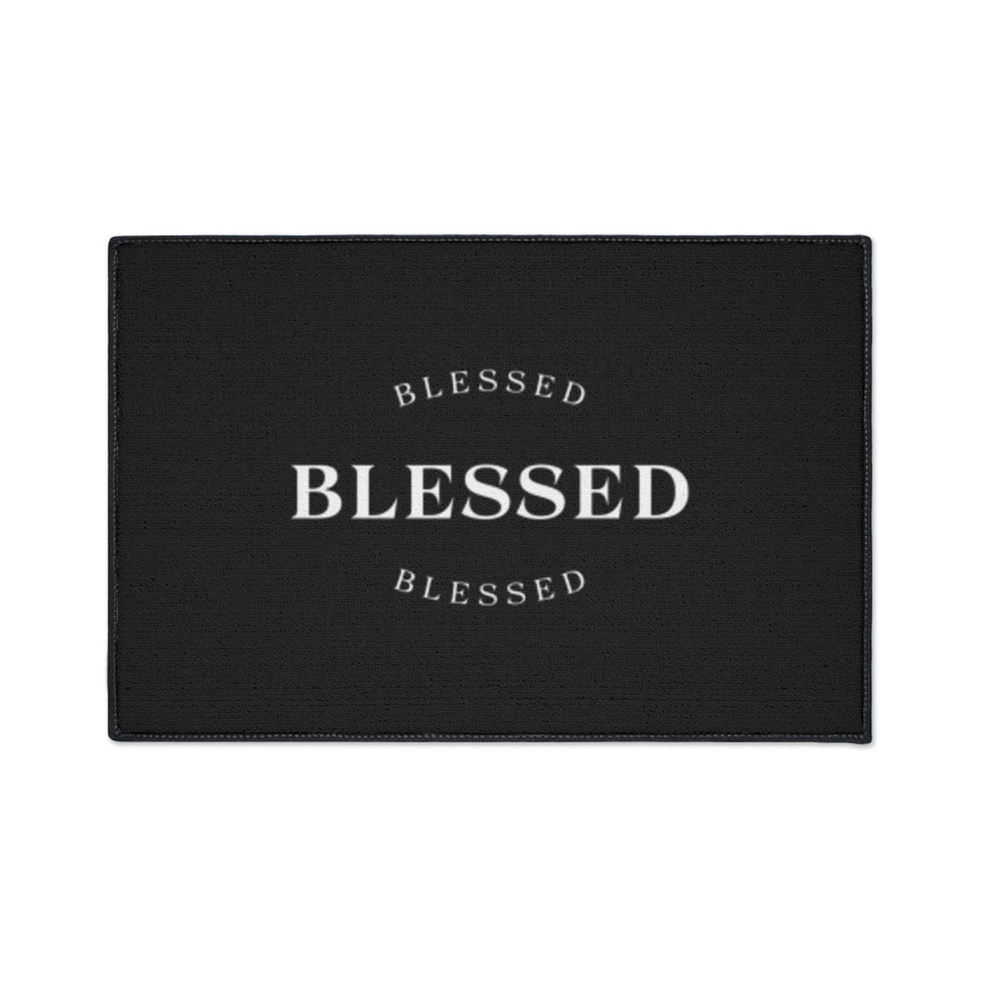Black Blessed Floor Mat with non-slip backing and white text design on 100% polyester material