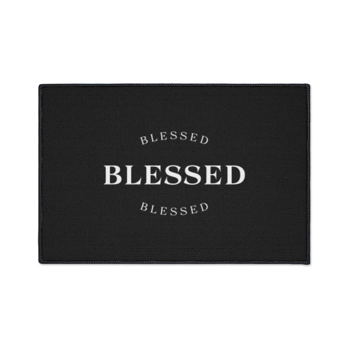 Black Blessed Floor Mat with non-slip backing and white text design on 100% polyester material