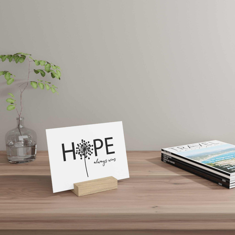 Hope Gallery Board with hand-crafted solid oak stand displaying contemporary art on desk