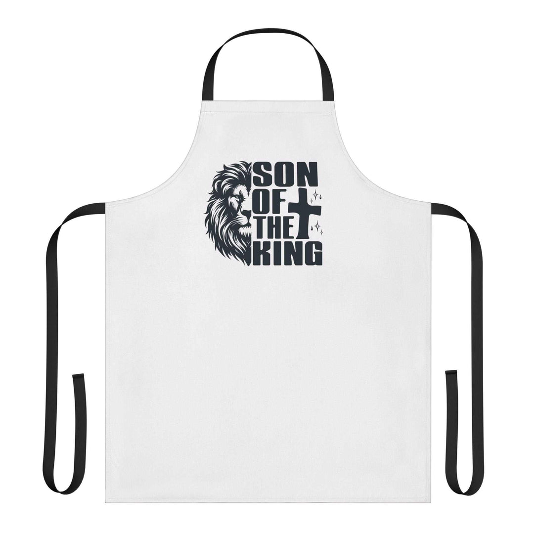 White Son of King Apron with black tie-back straps and lion graphic design in black text