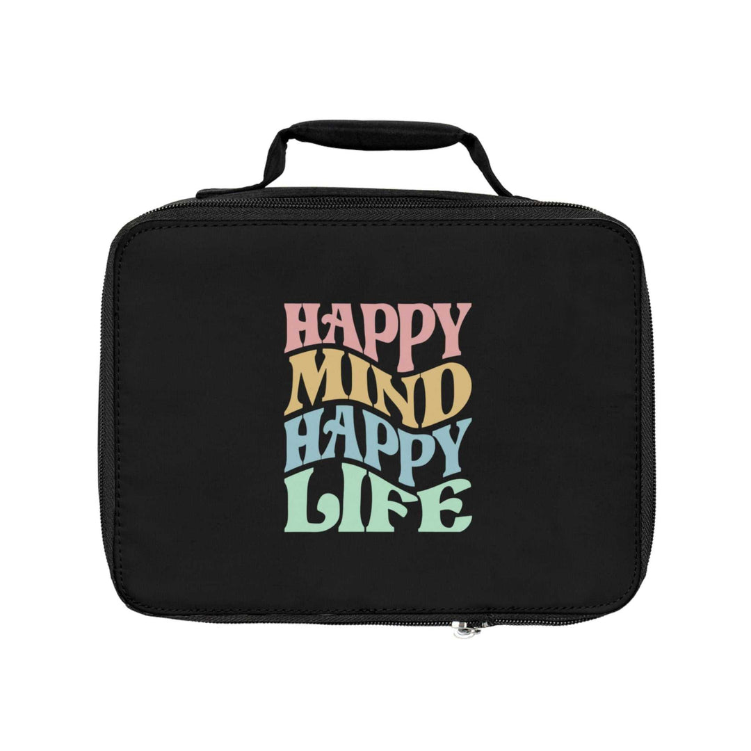 Black Happy Life Lunch Bag with colorful "Happy Mind Happy Life" text, insulated and zippered with a carrying handle