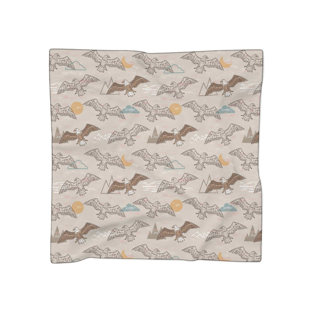 Eagle Soaring Poly Scarf with sheer poly voile and chiffon, light fabric featuring soaring eagle print and black stitching