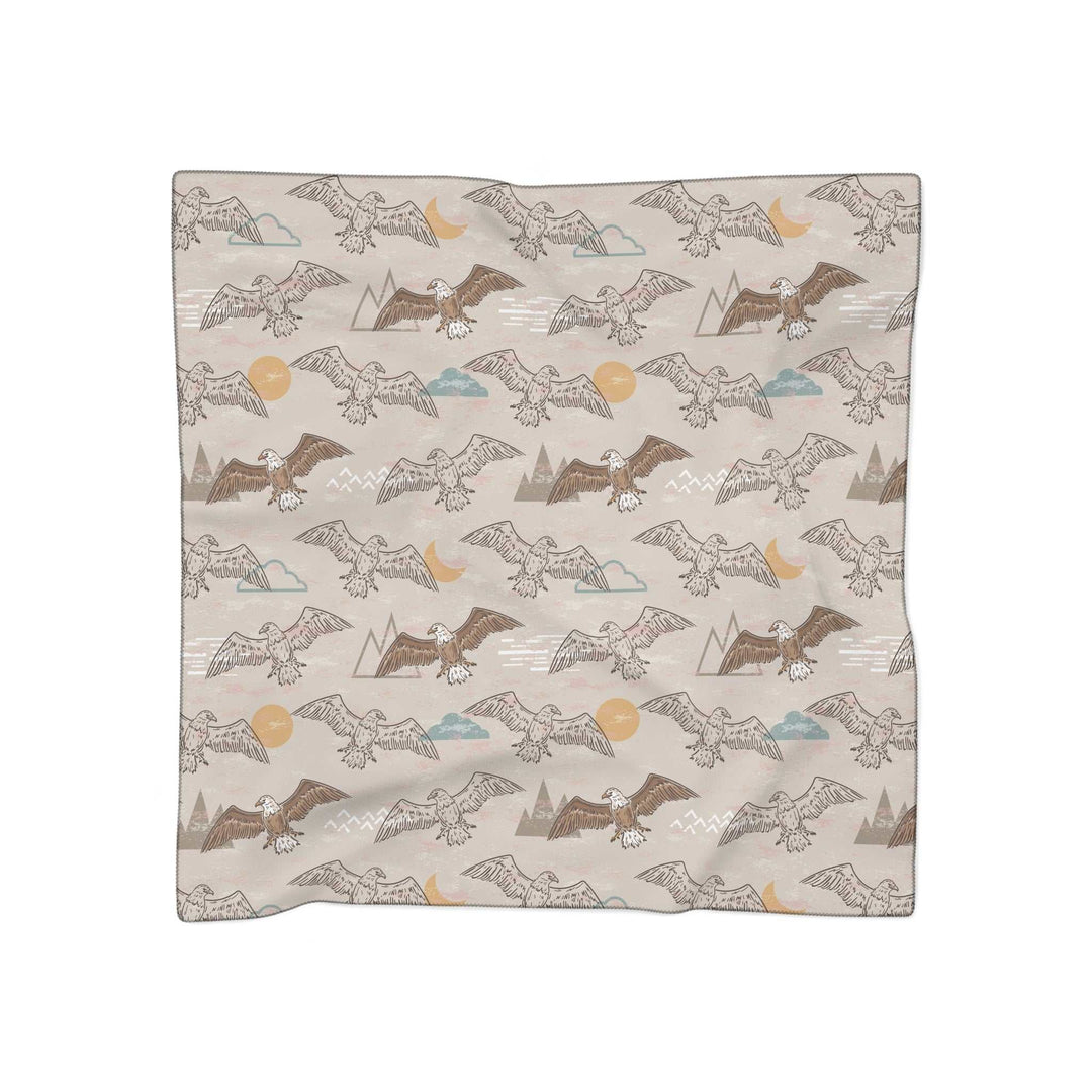 Eagle Soaring Poly Scarf with sheer poly voile and chiffon, light fabric featuring soaring eagle print and black stitching