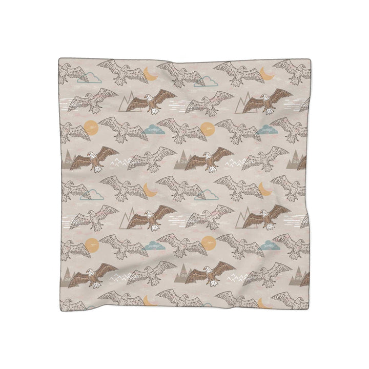 Eagle Soaring Poly Scarf with sheer poly voile and chiffon, light fabric featuring soaring eagle print and black stitching