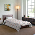Love Design Comforter with cozy printed pattern on modern wooden bed