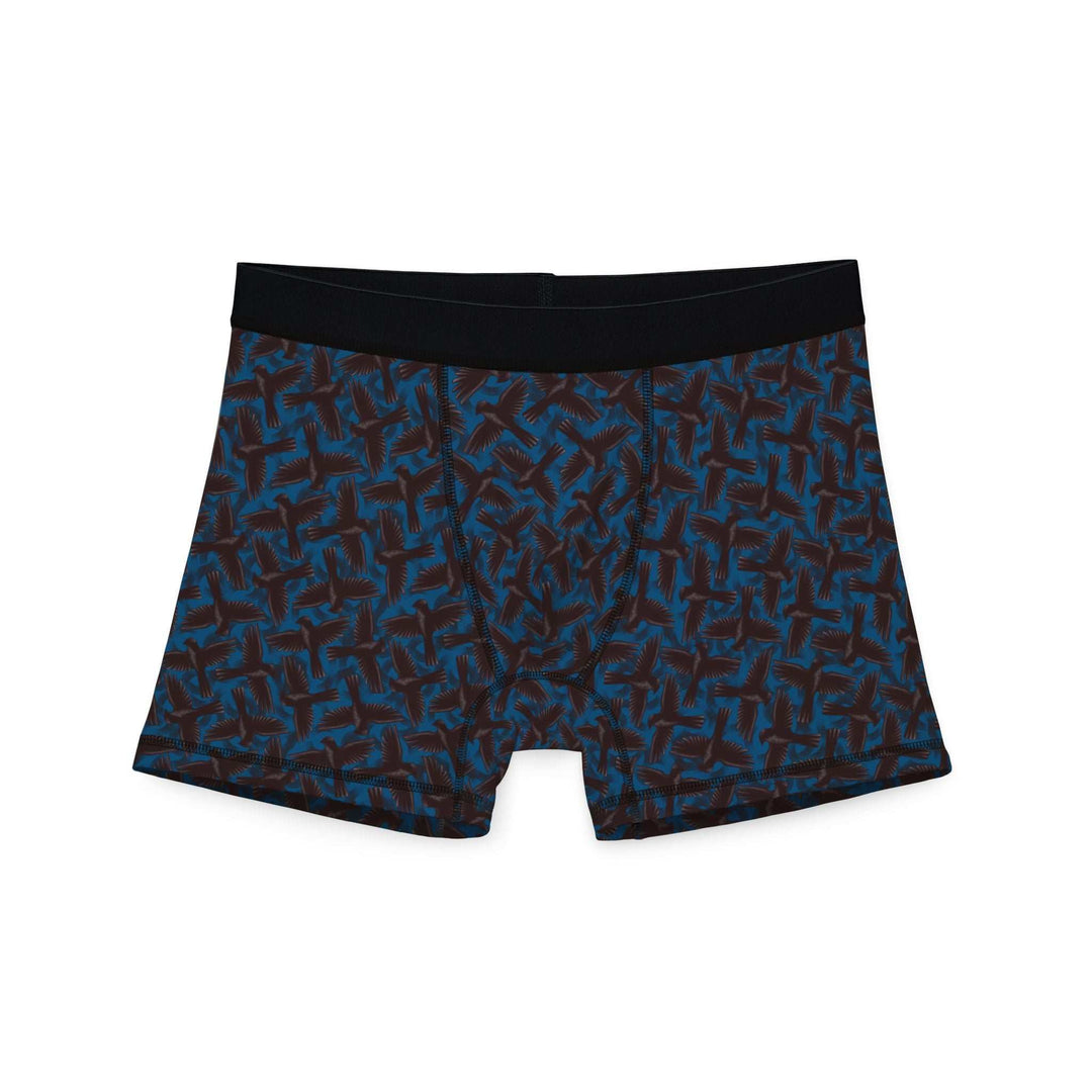 Soaring Eagle Men's Boxers with blue and brown geometric pattern, stretchy and breathable fabric, comfortable regular fit