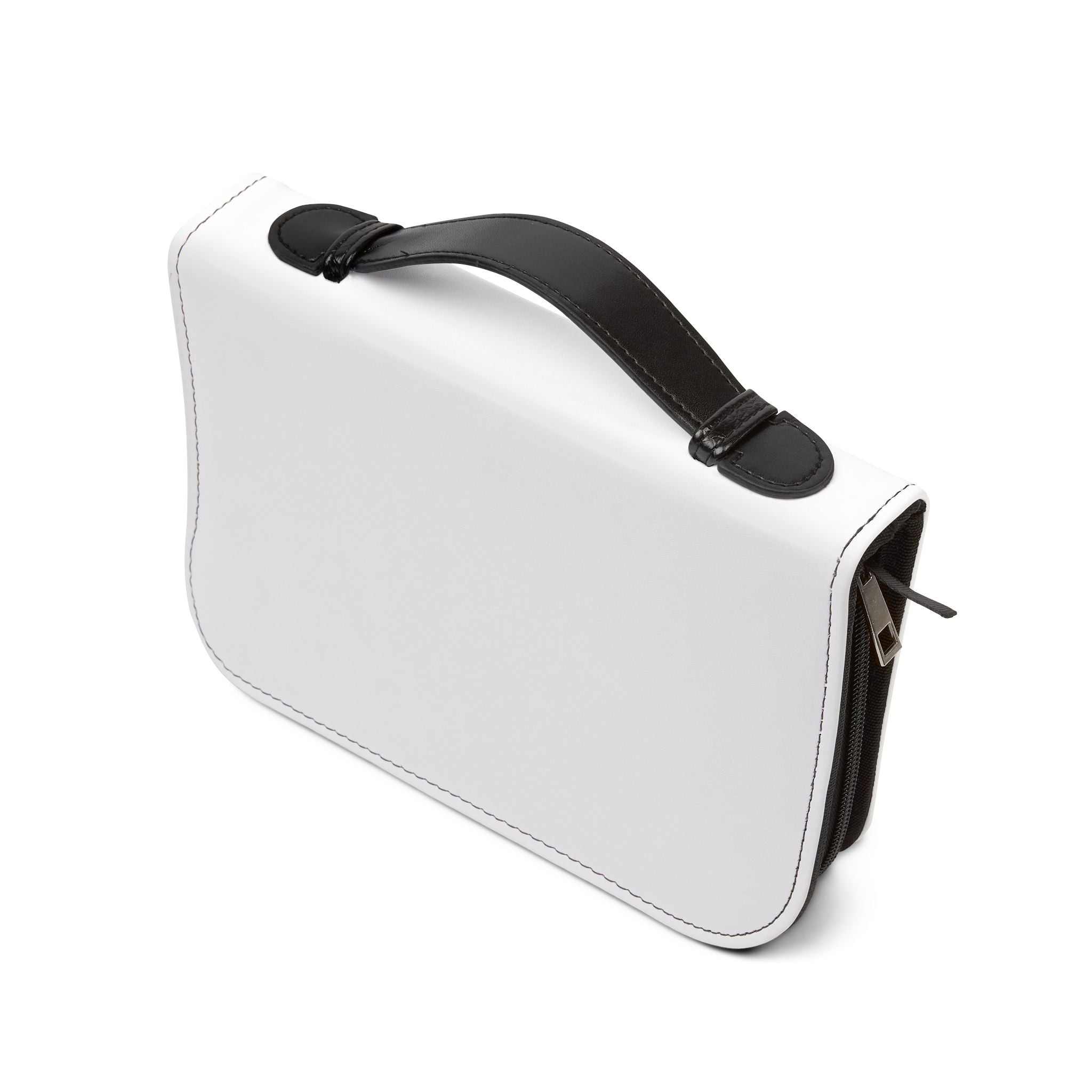 White PU leather Bible Cover with black handle, stitching, and zipper, durable and stylish protector for most Bibles.