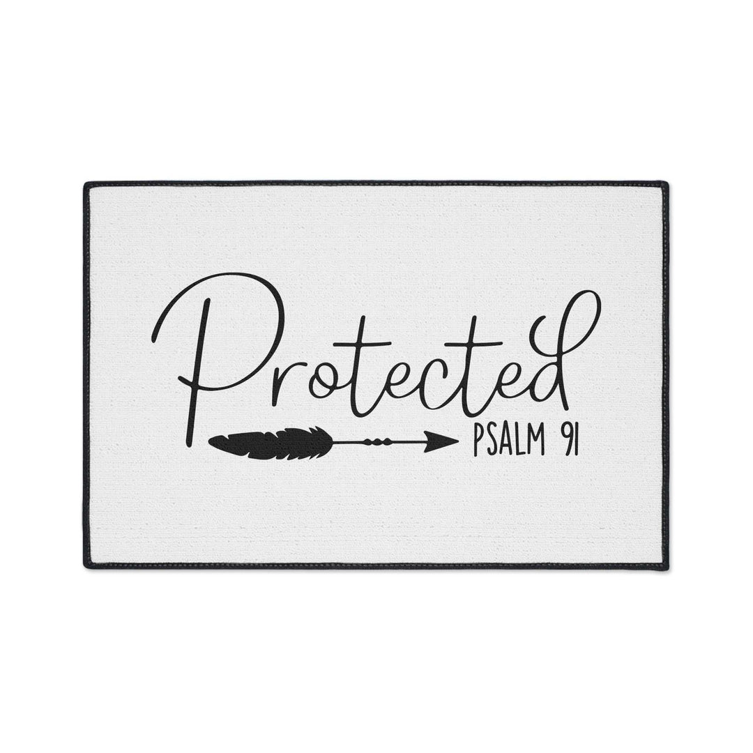 Psalm 91 Floor Mat with "Protected" text and feather design, black trim, non-slip backing, 100% polyester.