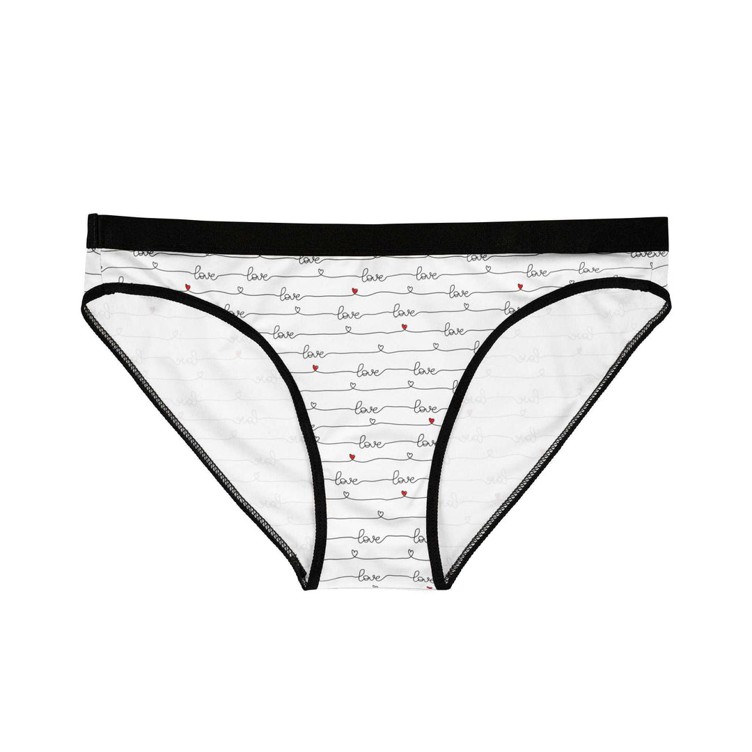 White Love Design Underwear briefs with black trim and all-over printed "love" text and small red hearts, made with breathable antimicrobial fabric and stretchy elastic waistband