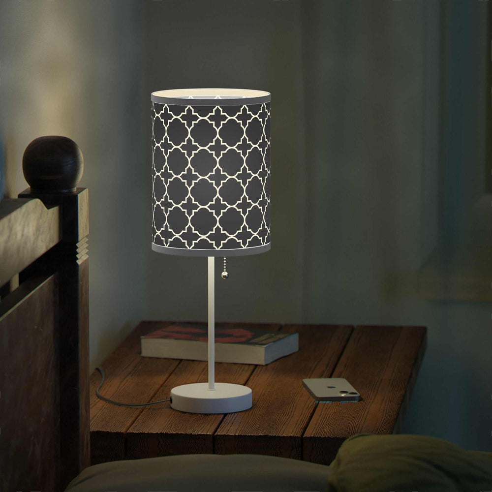 Faith Design Lamp with steel base and patterned high-resolution printed shade on wooden bedside table