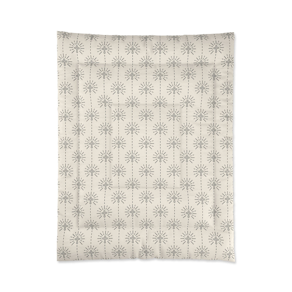 Christian Pattern Comforter with light beige background and gray symmetrical cross designs, lightweight polyester blanket for cozy warmth