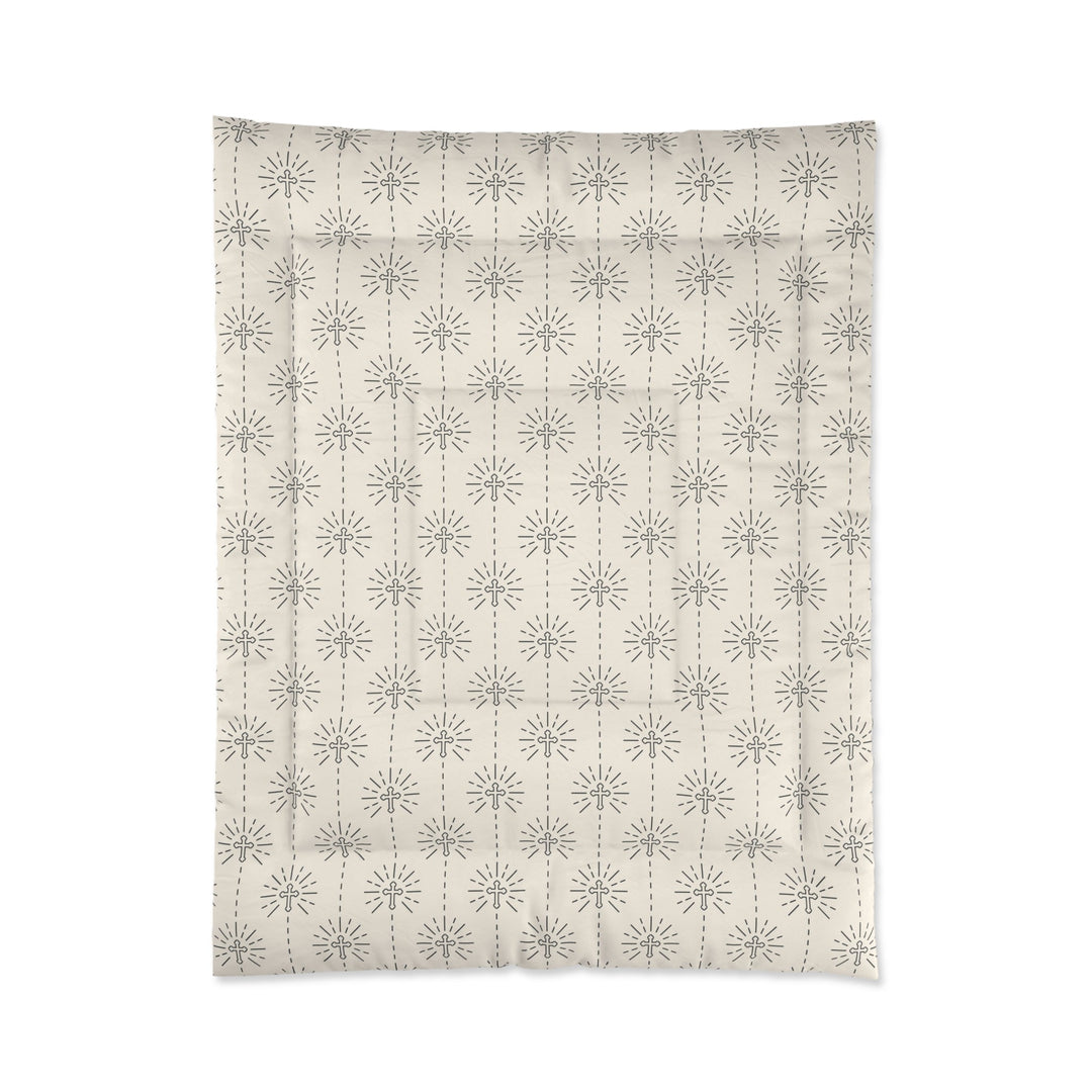 Christian Pattern Comforter with light beige background and gray symmetrical cross designs, lightweight polyester blanket for cozy warmth