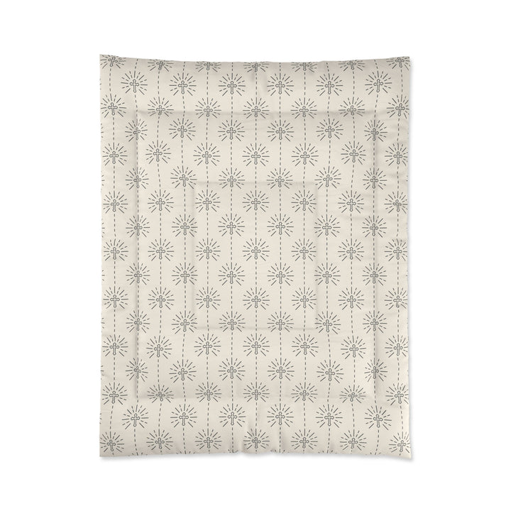 Christian Pattern Comforter with light beige background and gray symmetrical cross designs, lightweight polyester blanket for cozy warmth