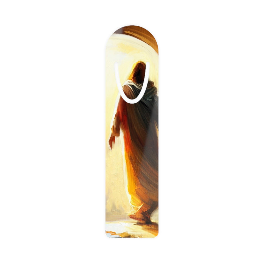 Jesus Christ Bookmark made of aluminum with a white front featuring a glowing Jesus figure and a top slot to hold book pages.