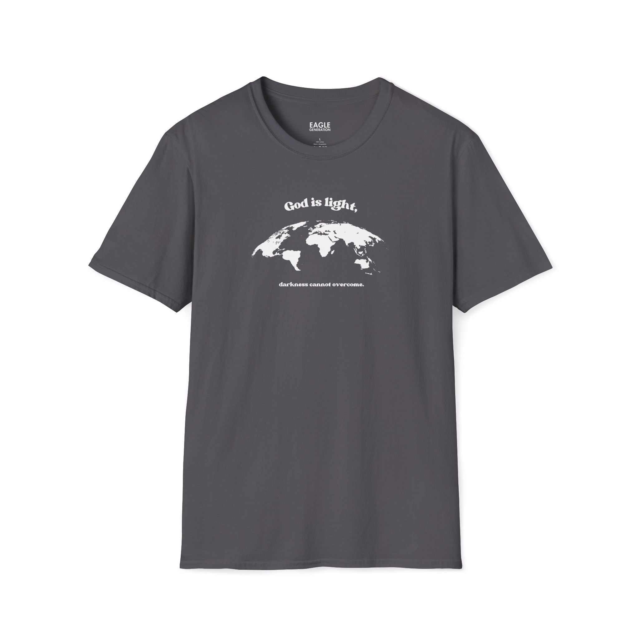 God’s Light T-Shirt with faith-inspired message and world map design, 100% cotton, classic fit