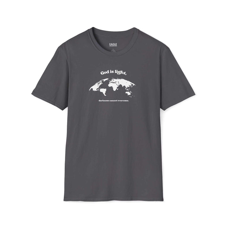 Gray God's Light T-Shirt with faith-inspired globe design and classic fit, made of 100% ring-spun cotton