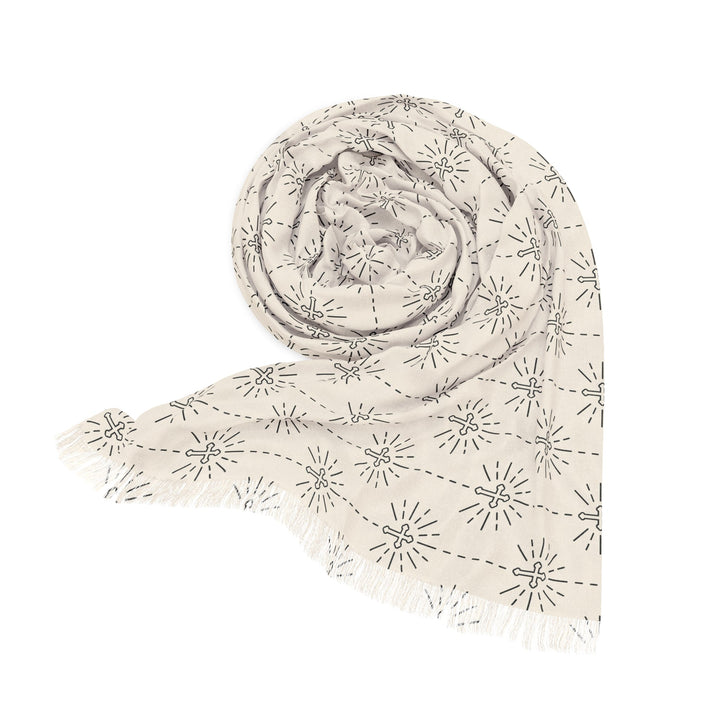 Christian Light Scarf long lightweight transparent scarf with intricate black starburst pattern on white polyester fabric