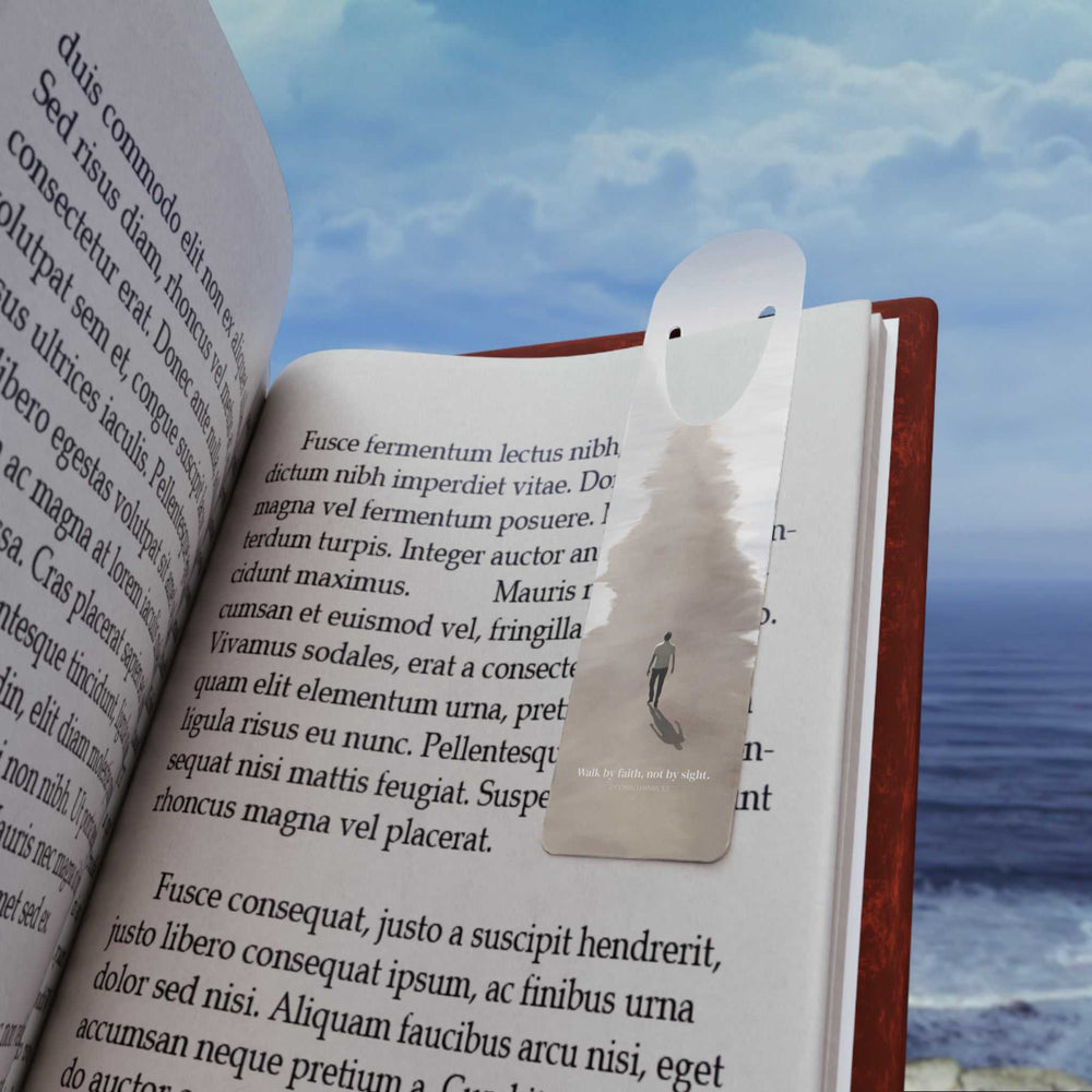 Walk by Faith Bookmark aluminum with top slot holding book page and inspirational design