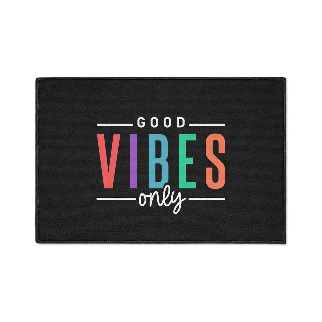 Good Vibes Floor Mat with colorful lettering on black polyester and non-slip backing