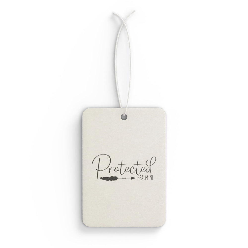 Protected Psalm 91 car air freshener with minimalist design and hanging string for fresh scent in vehicle interior