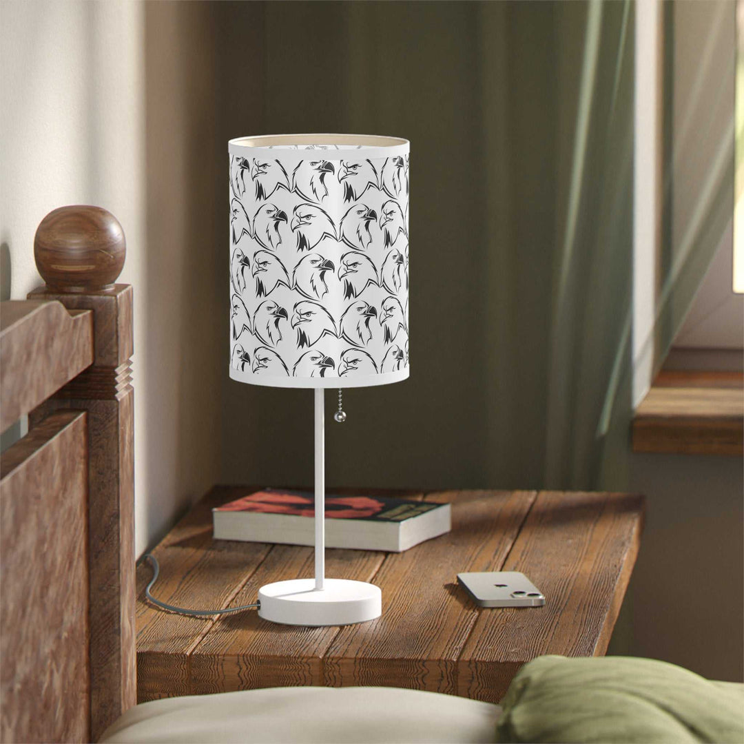 Eagles Design Lamp with white steel base and high-resolution eagle print shade on wooden bedside table