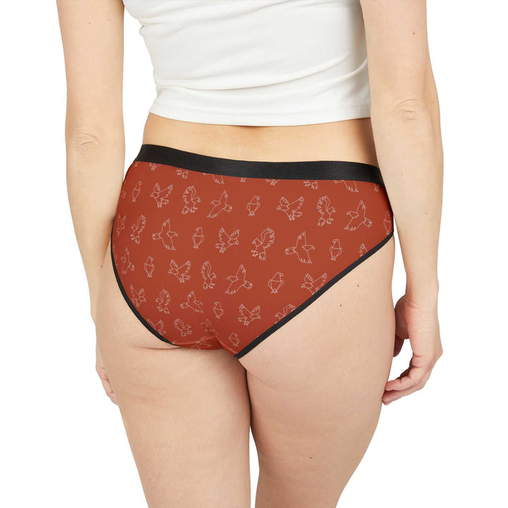 Woman wearing Eagle Pattern Underwear briefs with all-over eagle prints and black waistband, showcasing a comfortable fit and breathable fabric.