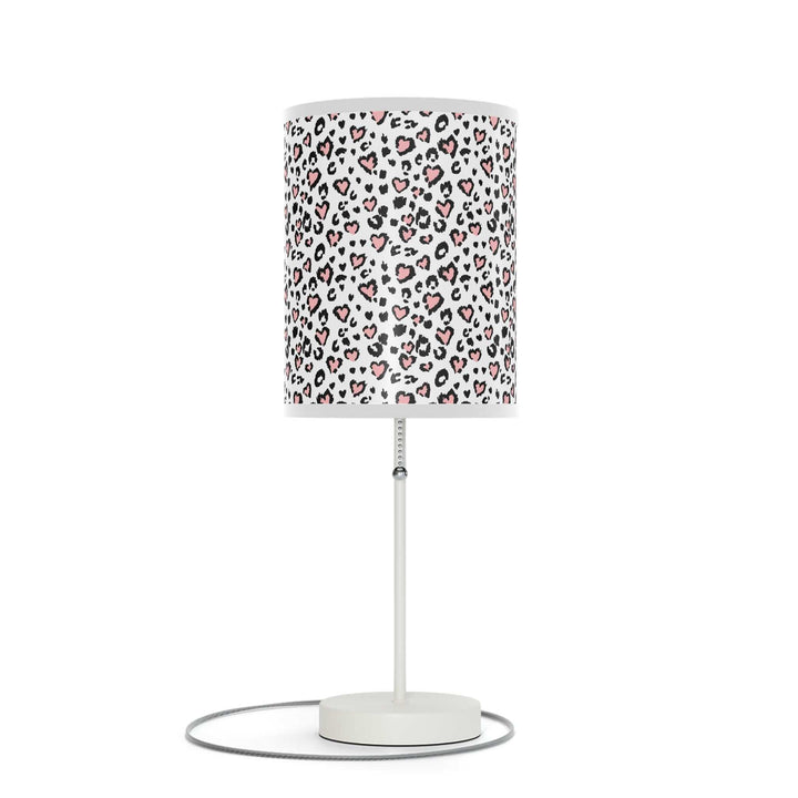 Leopard Hearts Lamp with steel base and high-resolution printed shade featuring leopard print hearts design