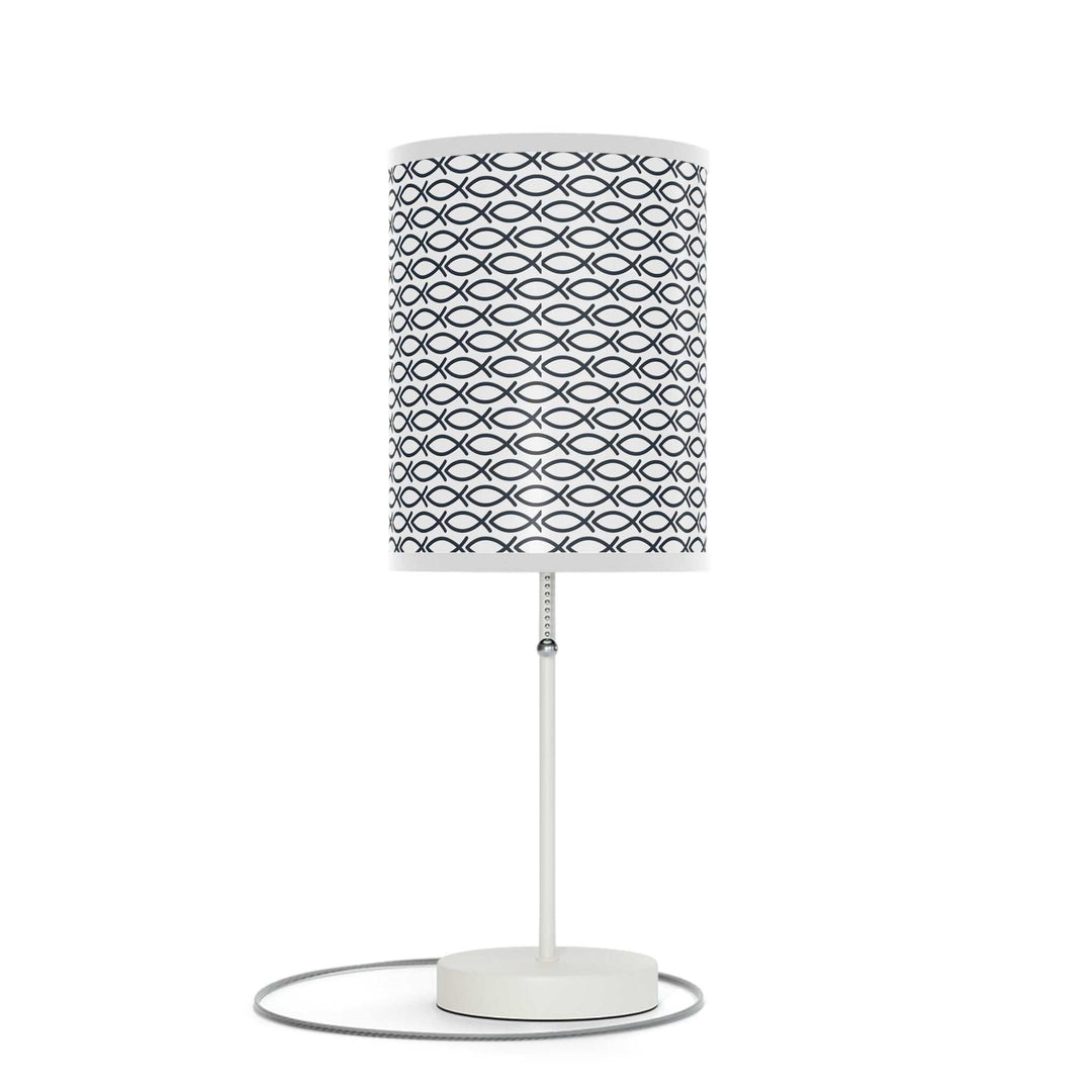 Christian Design Lamp with white steel base and fish pattern fabric shade, modern table lamp for USA and Canada.