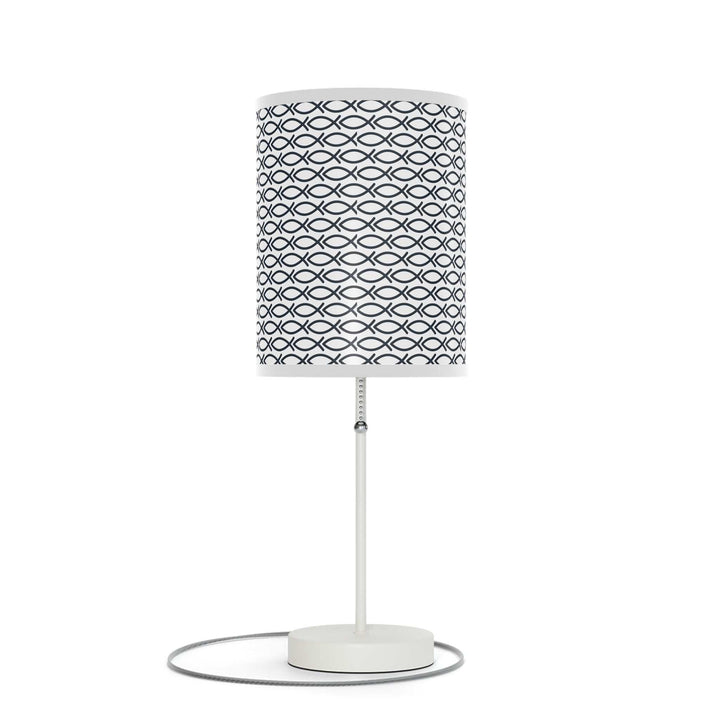 Christian Design Lamp with white steel base and fish pattern fabric shade, modern table lamp for USA and Canada.