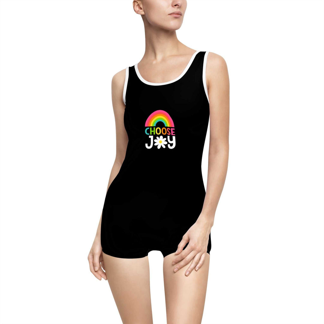 Choose Joy Vintage Swimsuit one-piece black swimsuit with rainbow and text design on front, vintage style for women