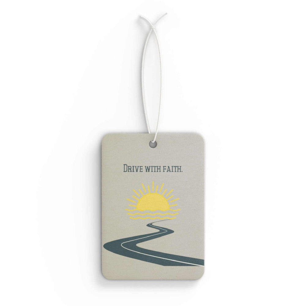 Drive With Faith car air freshener with sun and road design, available in Pine, New Car, and Black Ice scents