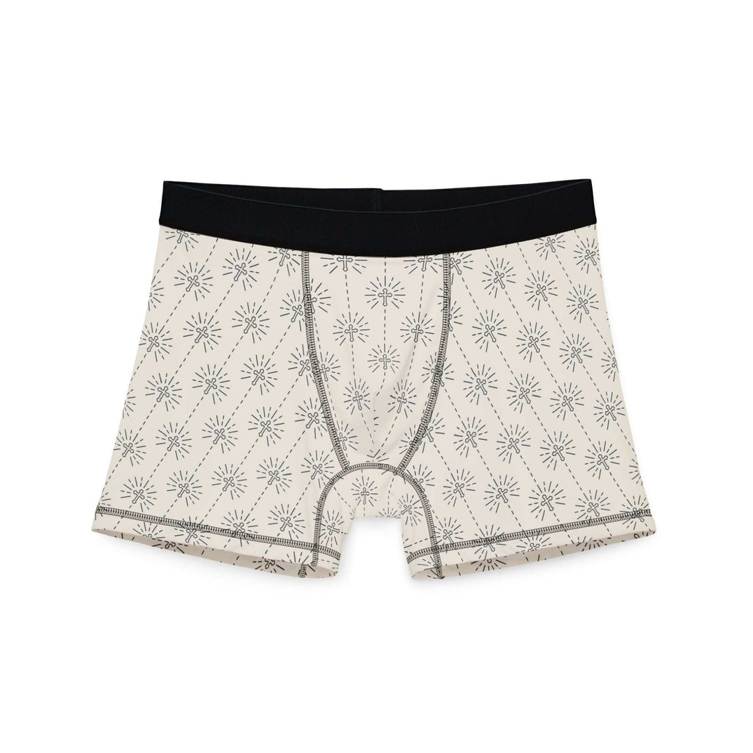 Christian design men's boxers featuring breathable, stretchy polyester-spandex fabric with all-over print and black waistband.
