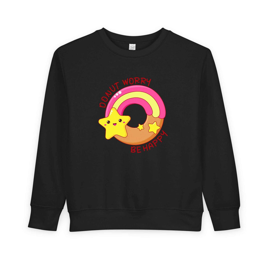 Black toddler sweatshirt with colorful donut and star design and "Donut Worry Be Happy" text