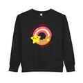 Black toddler sweatshirt with colorful donut and star design and "Donut Worry Be Happy" text