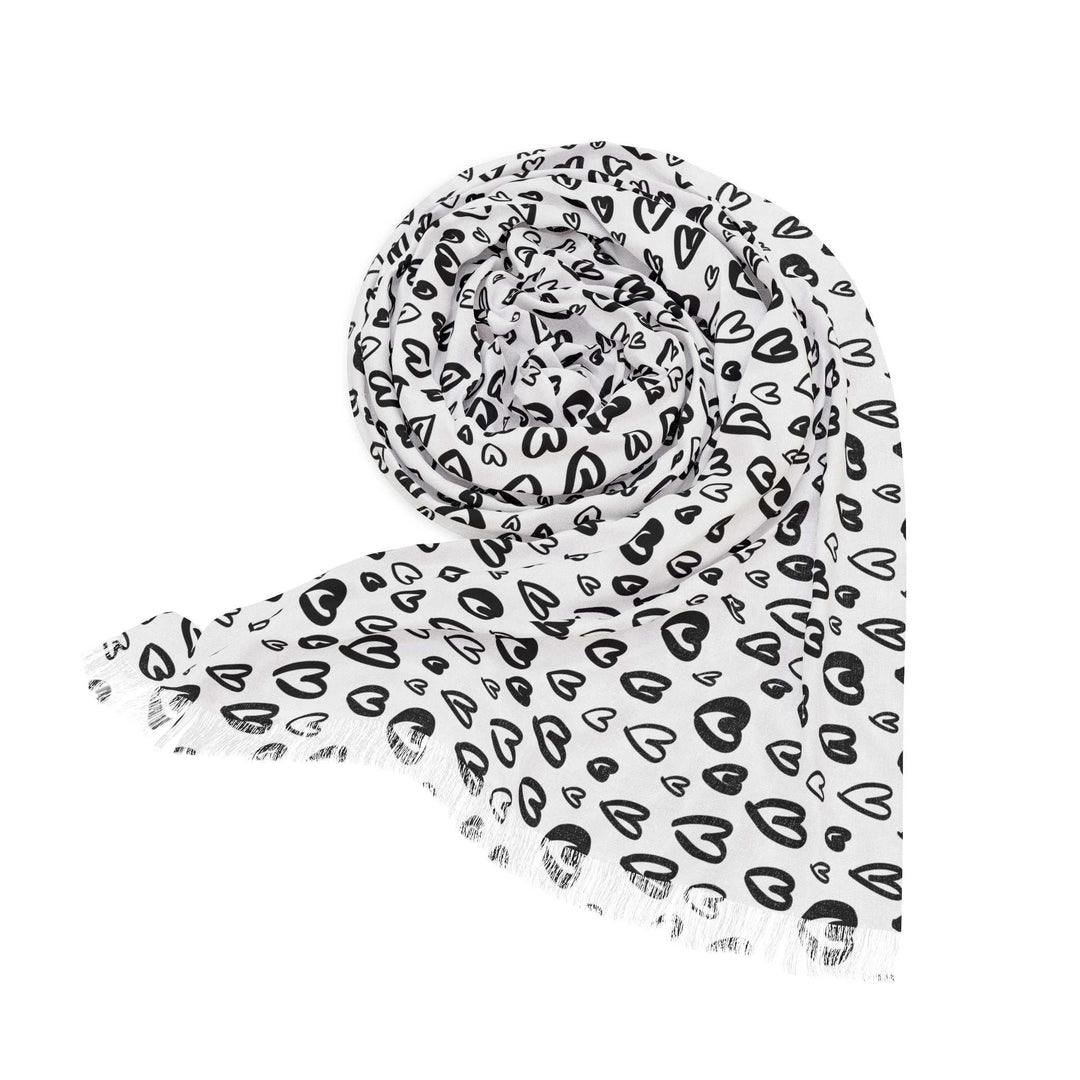 Heart Pattern Light Scarf in lightweight transparent polyester with black heart designs, seamless and one-sided print.