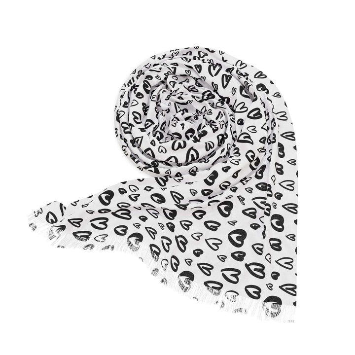 Heart Pattern Light Scarf in lightweight transparent polyester with black heart designs, seamless and one-sided print.
