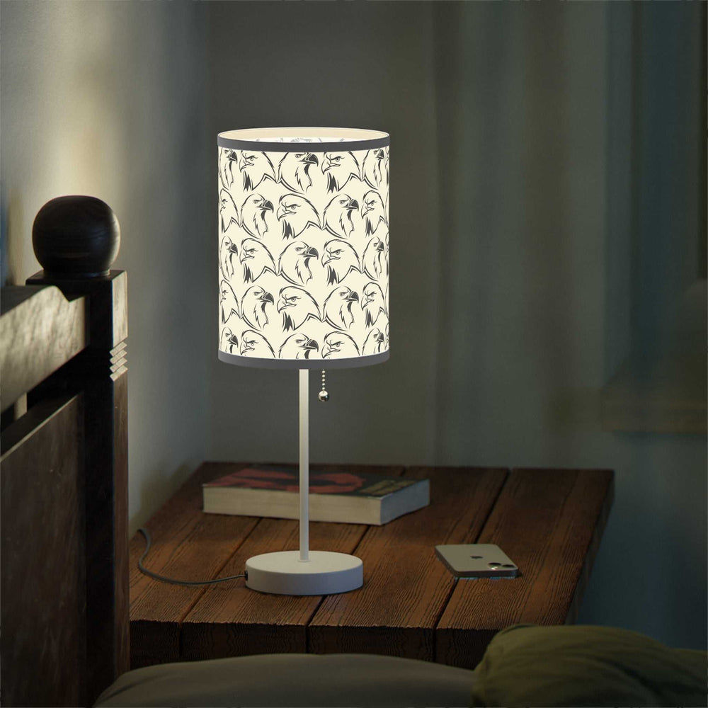 Eagles Design Lamp with steel base, silver finish, and high-res printed shade featuring eagle pattern on wooden bedside table