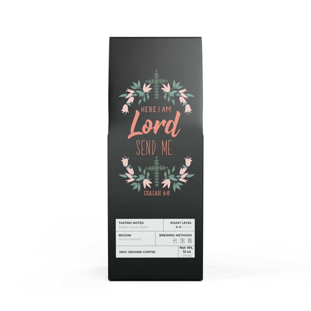 Isaiah 6:8 Coffee light-medium roast 12oz pack with bright citrus and melon notes, ground coffee in decorative black bag