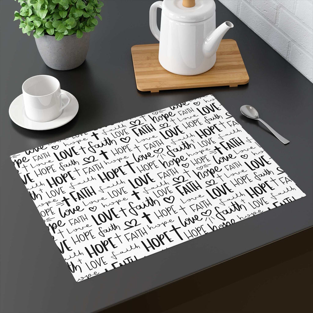 Faith Hope Love Placemat with black text design on white cotton background, 18x14 inches, durable and fade-resistant for dining table use