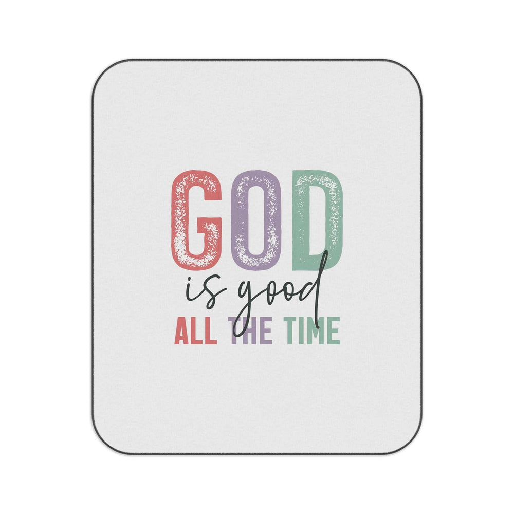 Christian picnic blanket with positive quote "God is good all the time" in colorful text on soft polyester fleece front and water-resistant oxford cloth back