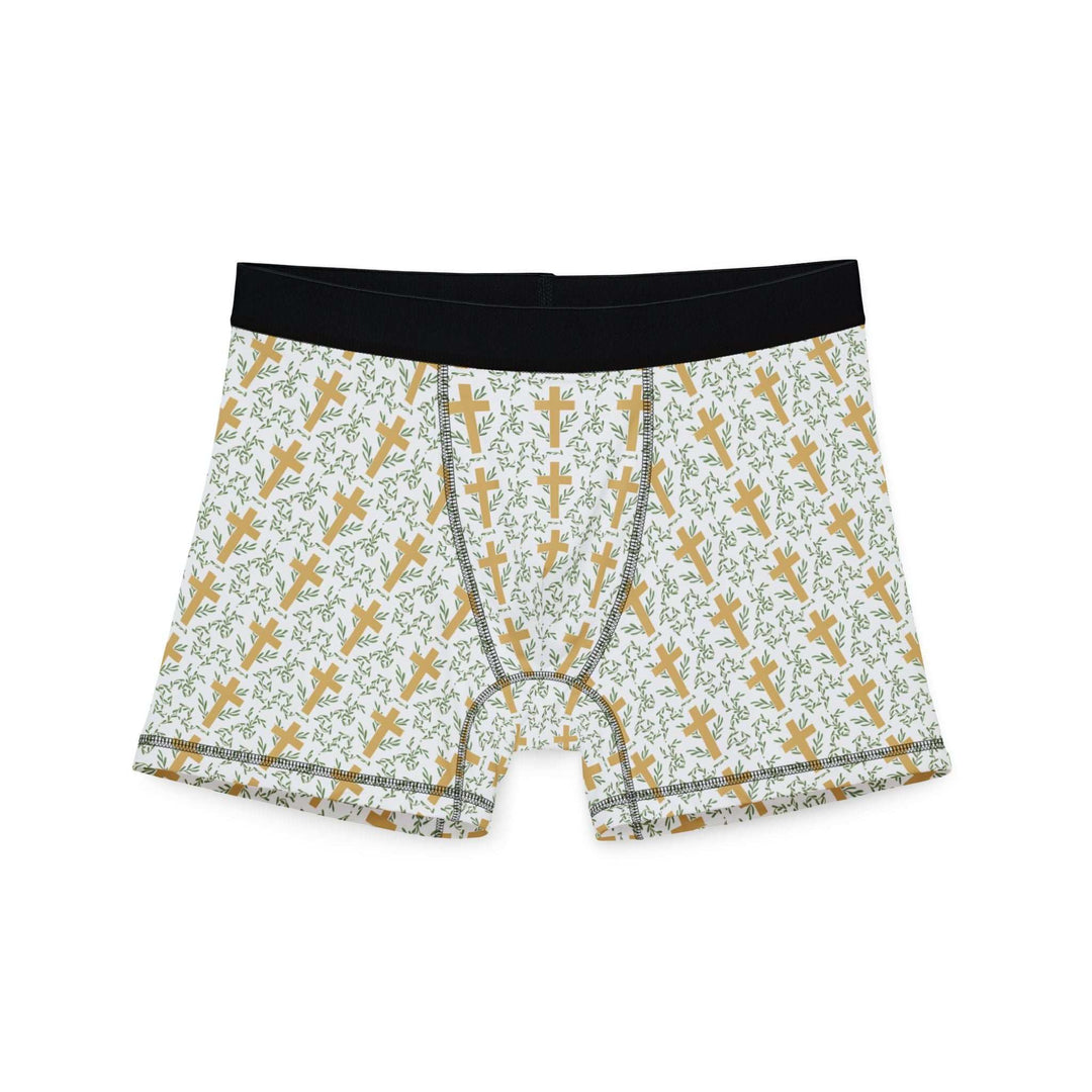 Golden Cross men's boxers with stretchy, soft polyester-spandex fabric and all-over cross pattern design